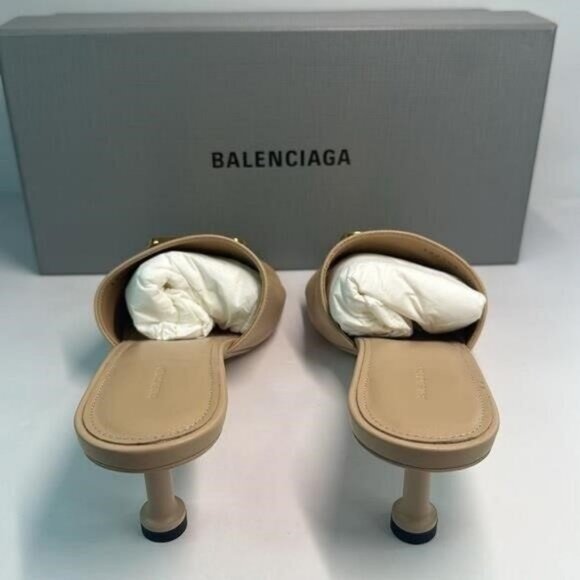 New Authentic- BALENCIAGA Groupie BB Logo Slide Sandal - Seashell/ Gold Size395 - Picture 6 of 14